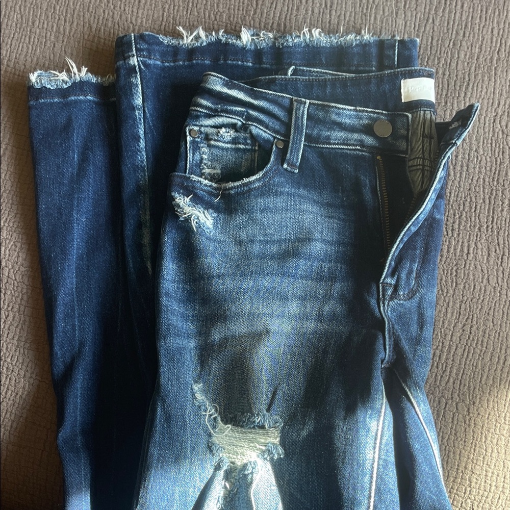 Dark Blue Distressed Flare Jeans